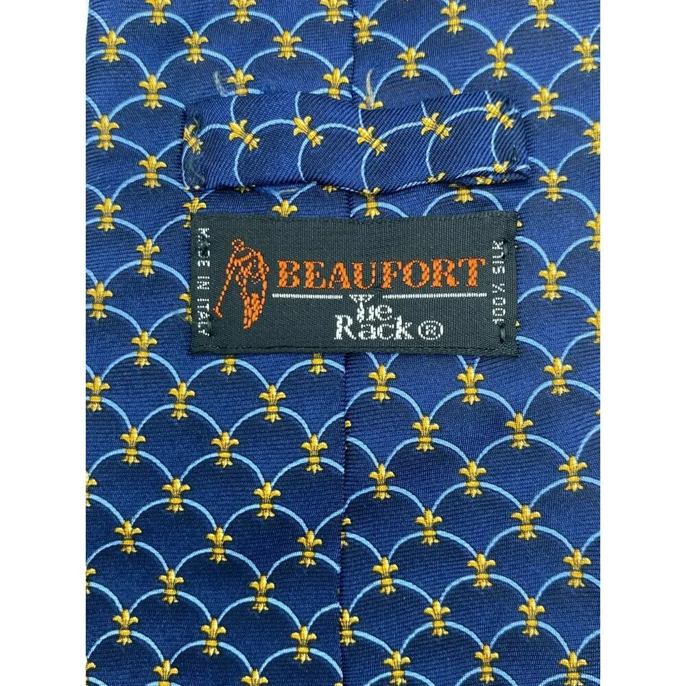 Beaufort Italian Italy Blue Navy Fleur de Lis Silk Tie Neck Luxury Vintage Mens - Picture 6 of 6